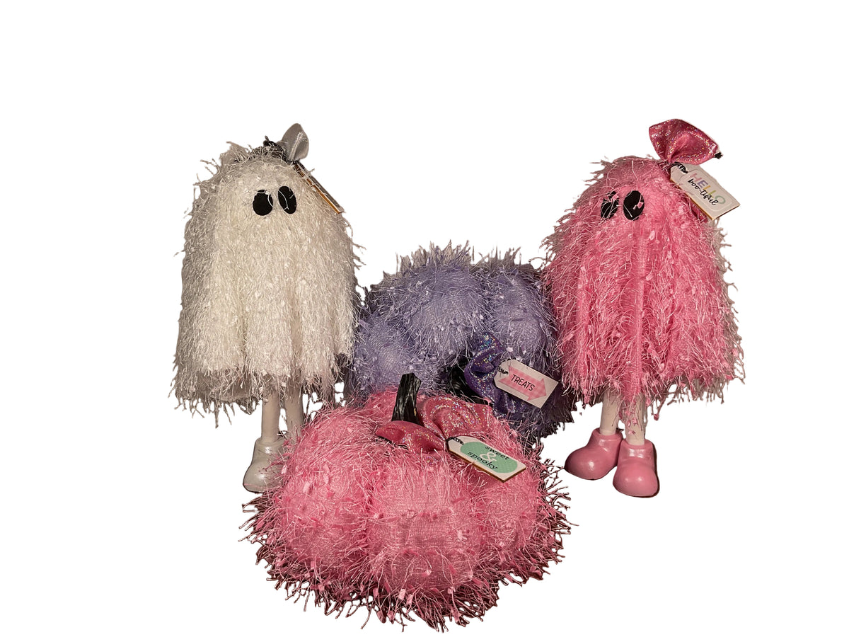 AGSD Halloween Decor - Trendy Pink White Standing Ghosts Pumpkins 4pc Set