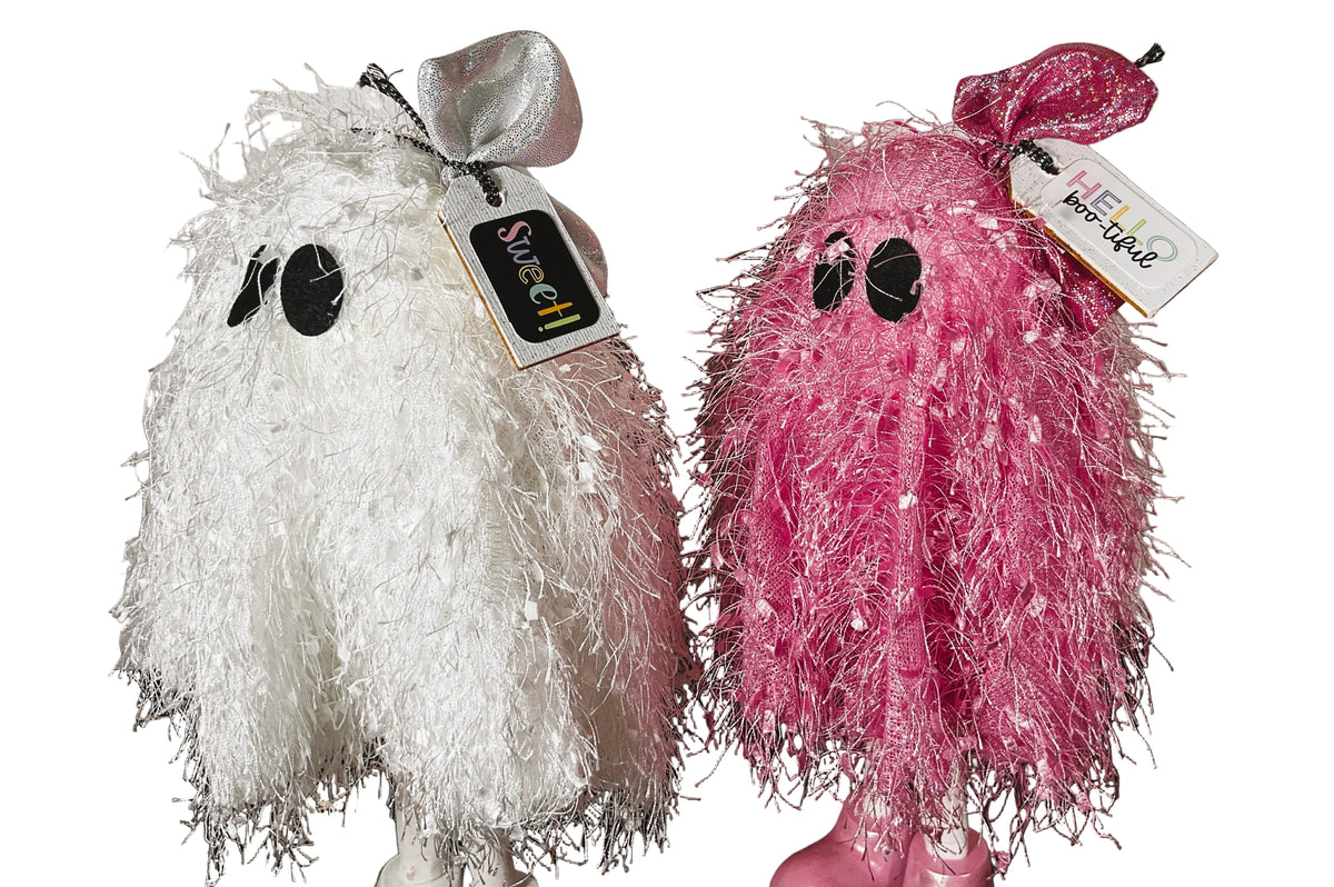 AGSD Halloween Decor - Trendy Pink White Standing Ghosts Pumpkins 4pc Set