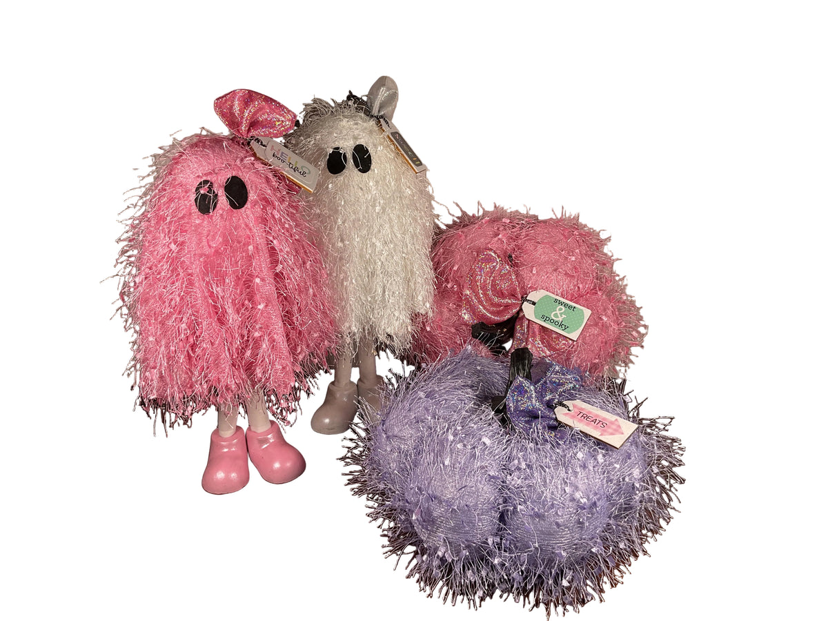 AGSD Halloween Decor - Trendy Pink White Standing Ghosts Pumpkins 4pc Set