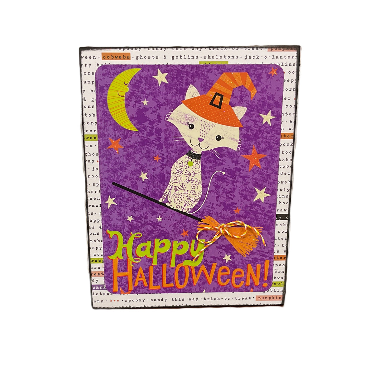 AGSD Halloween Decor - Cute White Witch Cat Chunky Wood Block Sign