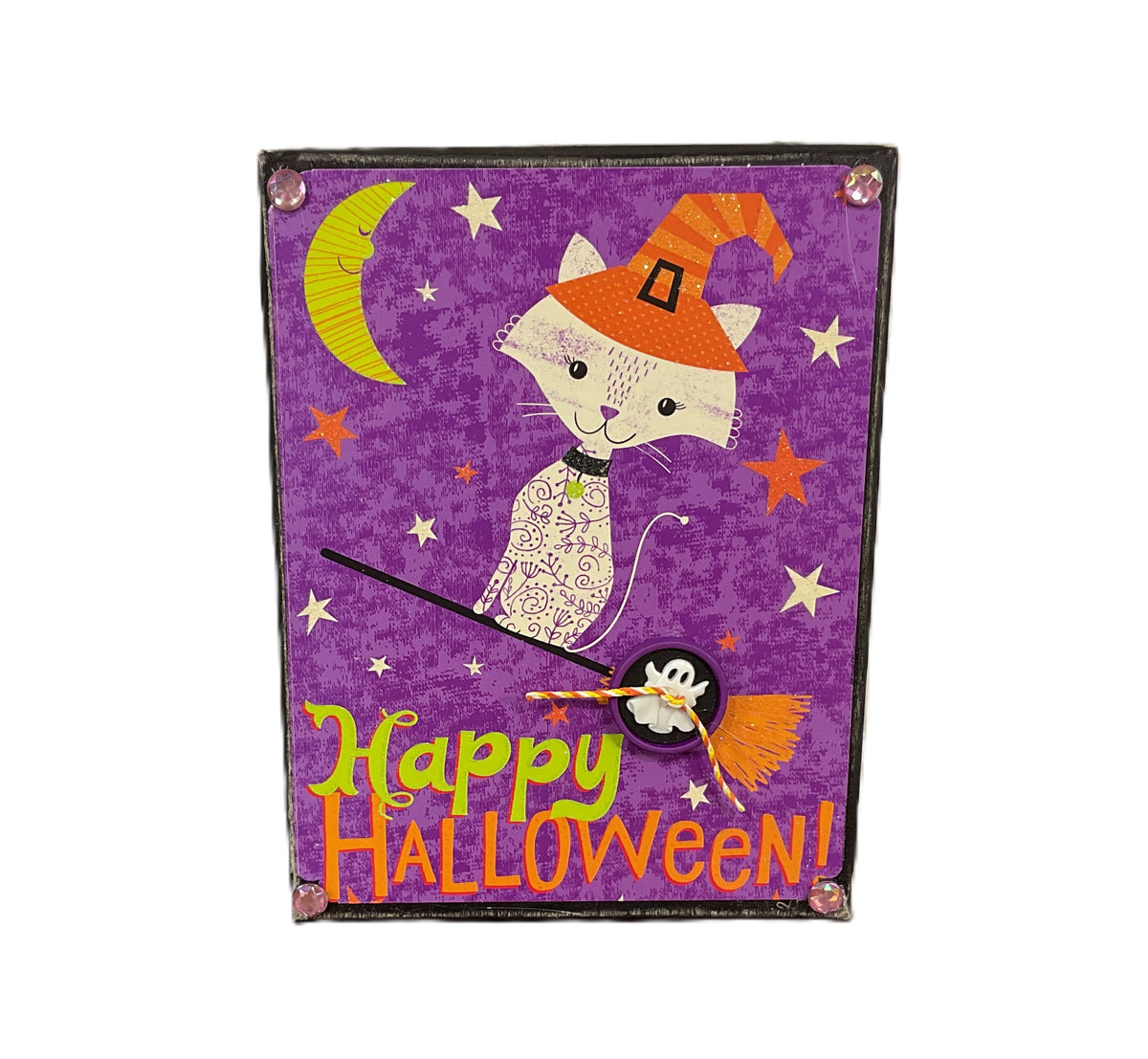 AGSD Halloween Decor - Cute White Witch Cat Wood Box Sign