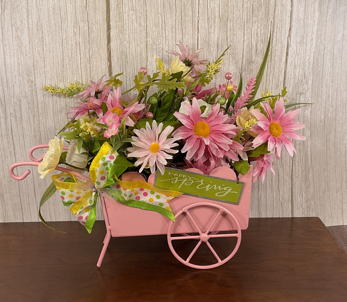 AGSD Spring Decor - Pink and White Flowers Bouquet in Pink Wheelbarrow Cart