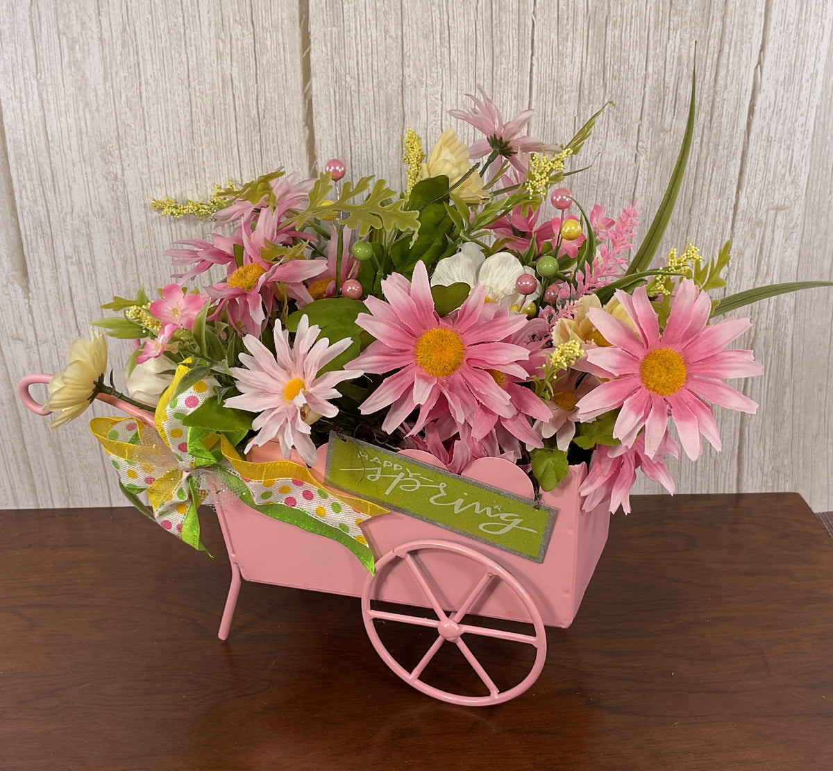 AGSD Spring Decor - Pink and White Flowers Bouquet in Pink Wheelbarrow Cart