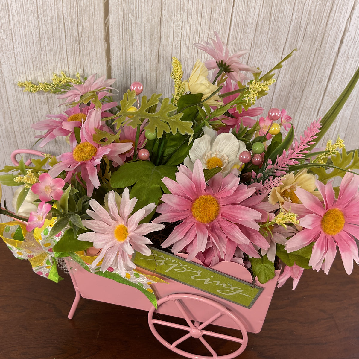 AGSD Spring Decor - Pink and White Flowers Bouquet in Pink Wheelbarrow Cart