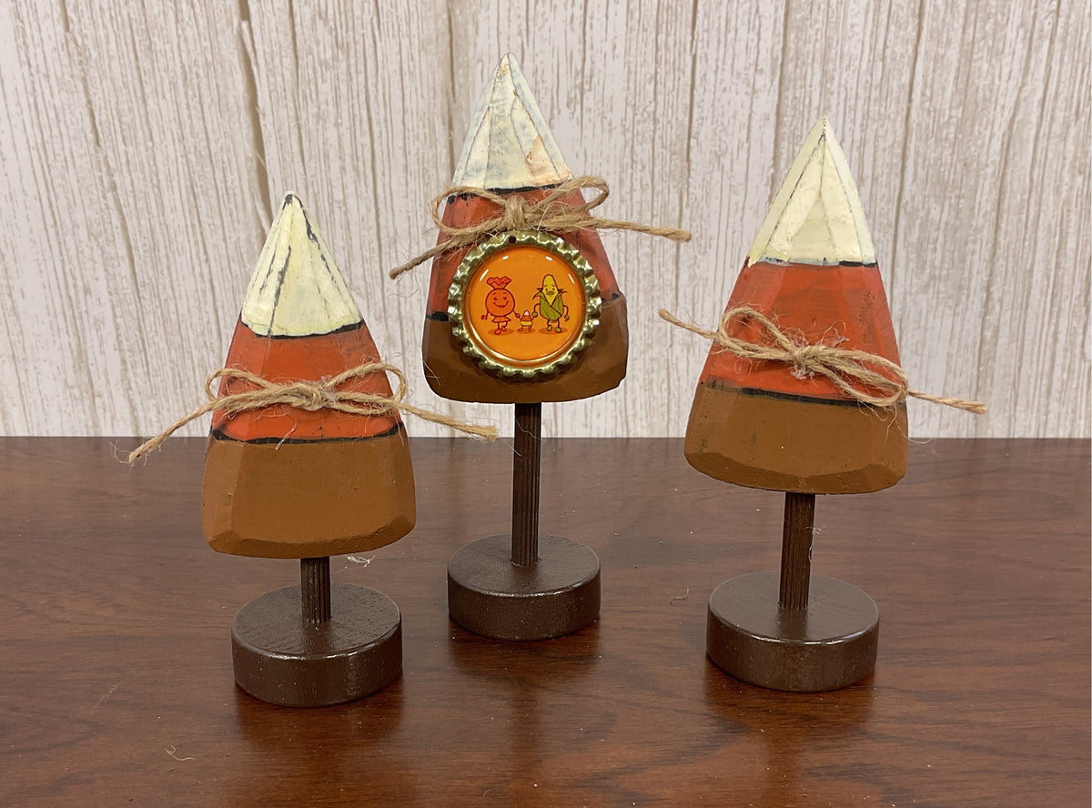 AGSD Halloween Decor - Small Prim Candy Corn Wood Trees 3pc Set