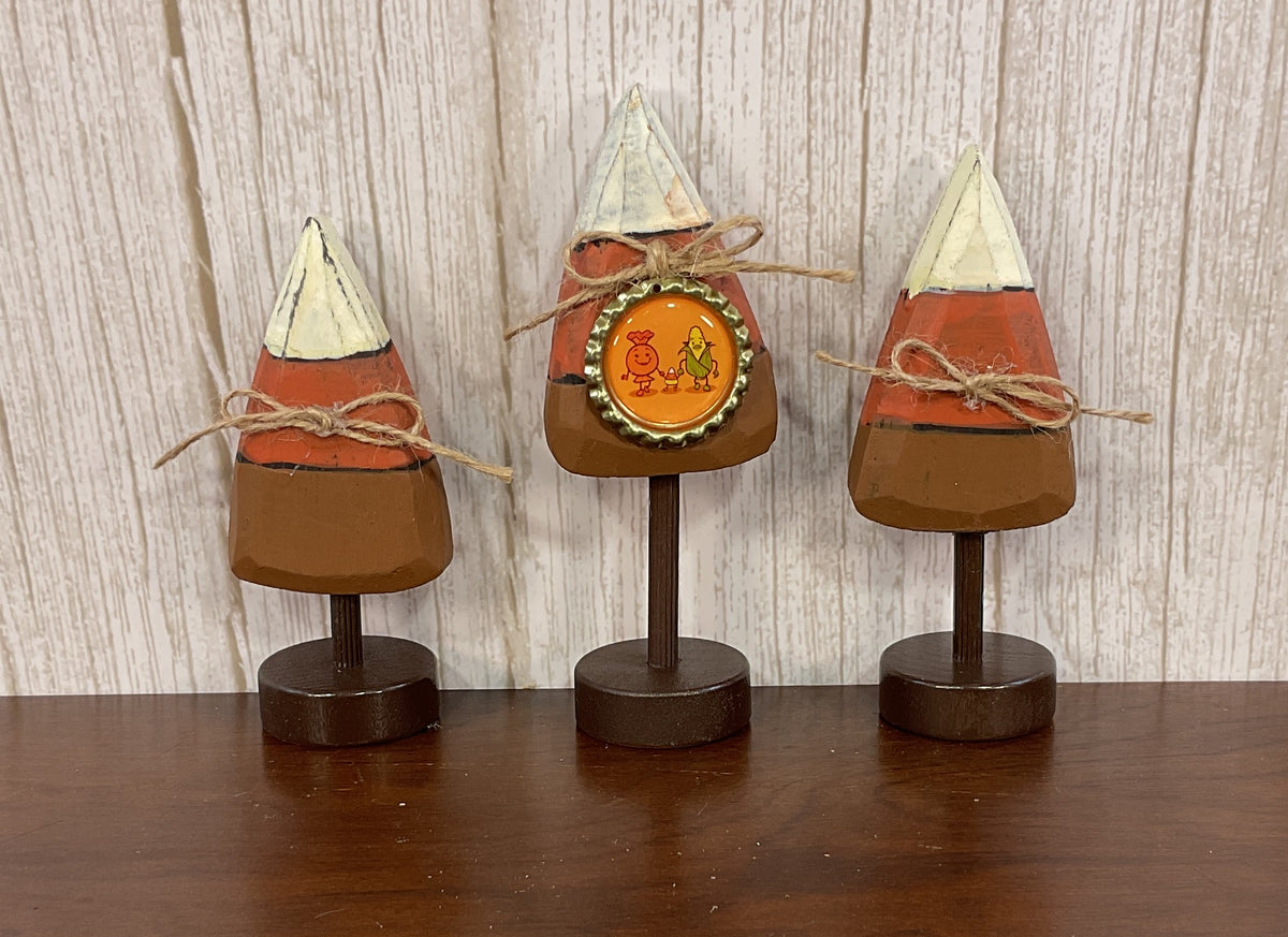 AGSD Halloween Decor - Small Prim Candy Corn Wood Trees 3pc Set