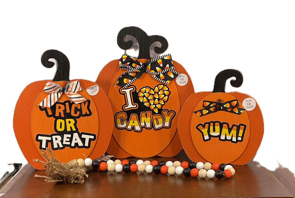 AGSD Halloween Decor - Large Chunky Wood Whimsy Pumpkins 3pc Set