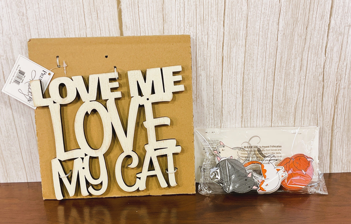 PBK Adams Pet Theme Decor - Love Me Love My Cat Wood Sign and Charms BUNDLE