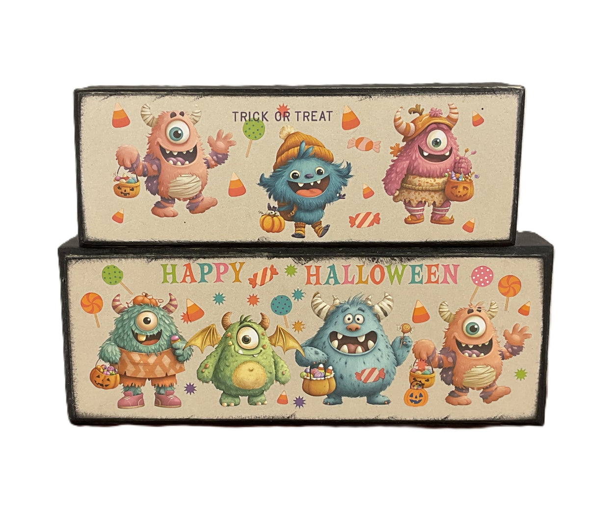 AGSD Halloween Decor - Bright Pastel Cute Monster Box Stacking Signs 2pc Set