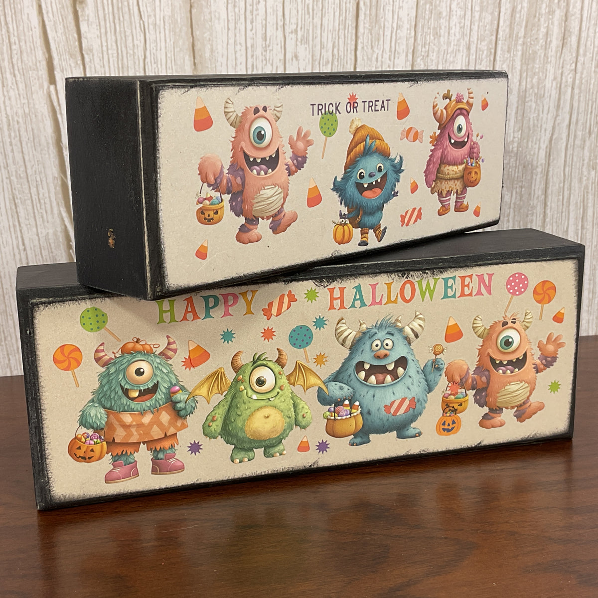 AGSD Halloween Decor - Bright Pastel Cute Monster Box Stacking Signs 2pc Set
