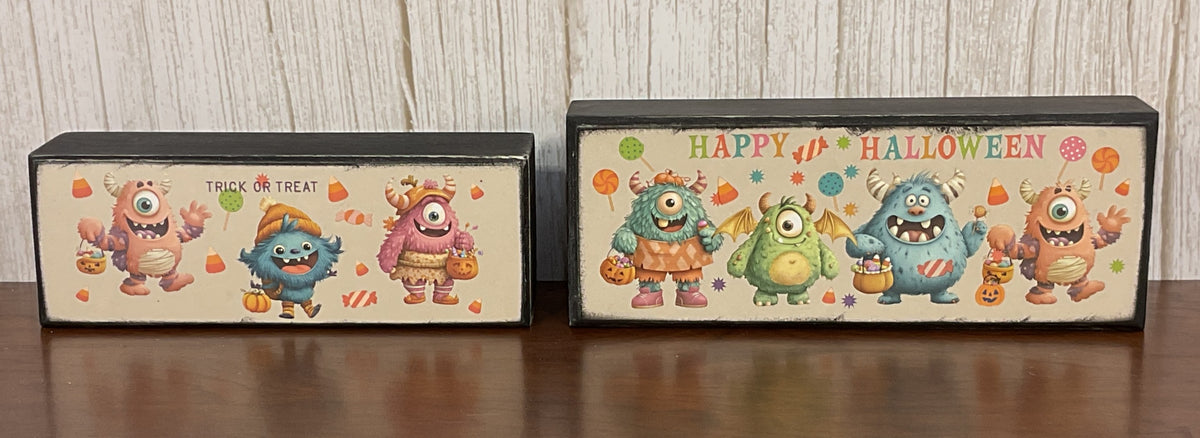 AGSD Halloween Decor - Bright Pastel Cute Monster Box Stacking Signs 2pc Set