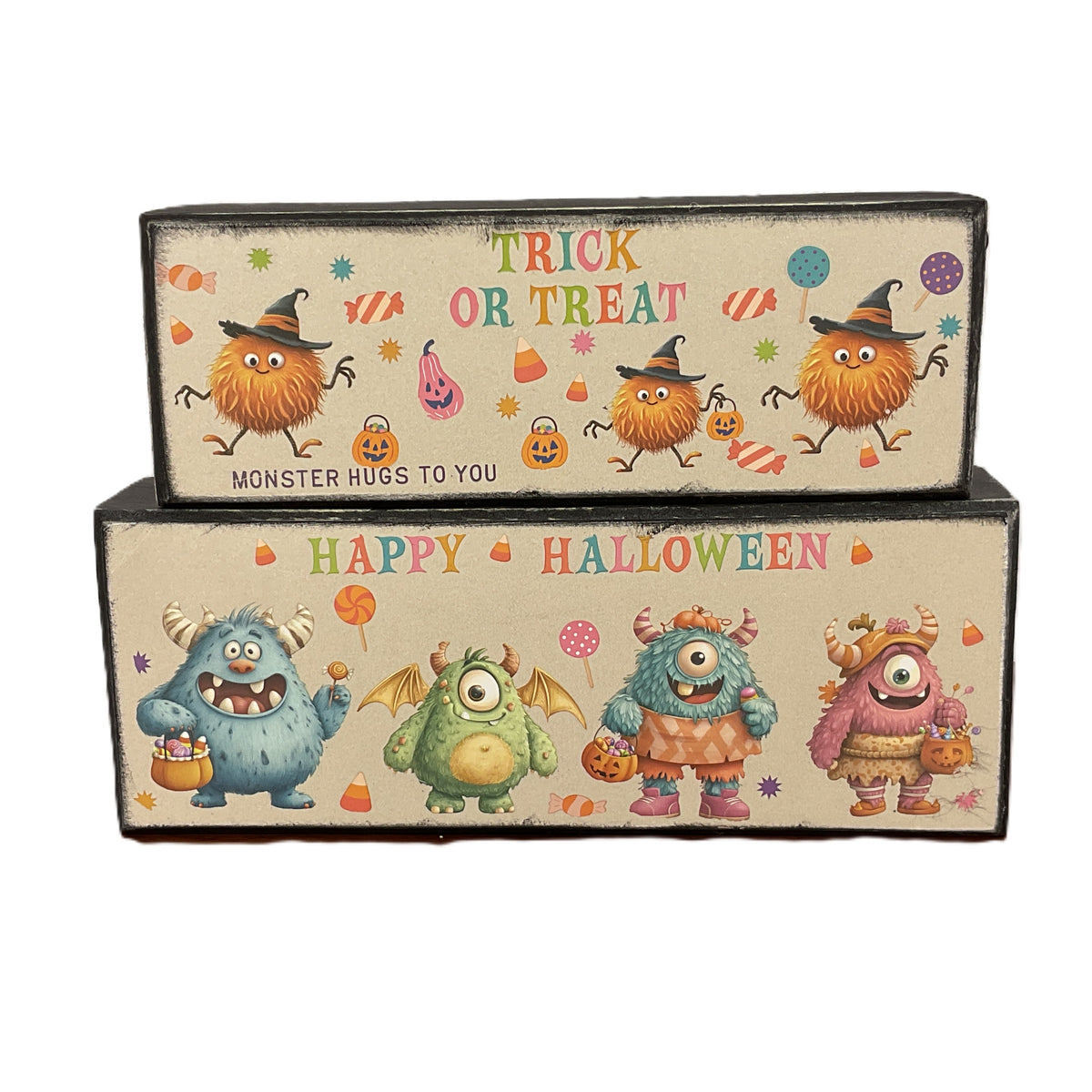 AGSD Halloween Decor - Bright Pastel Cute Monster Box Stacking Signs 2pc Set