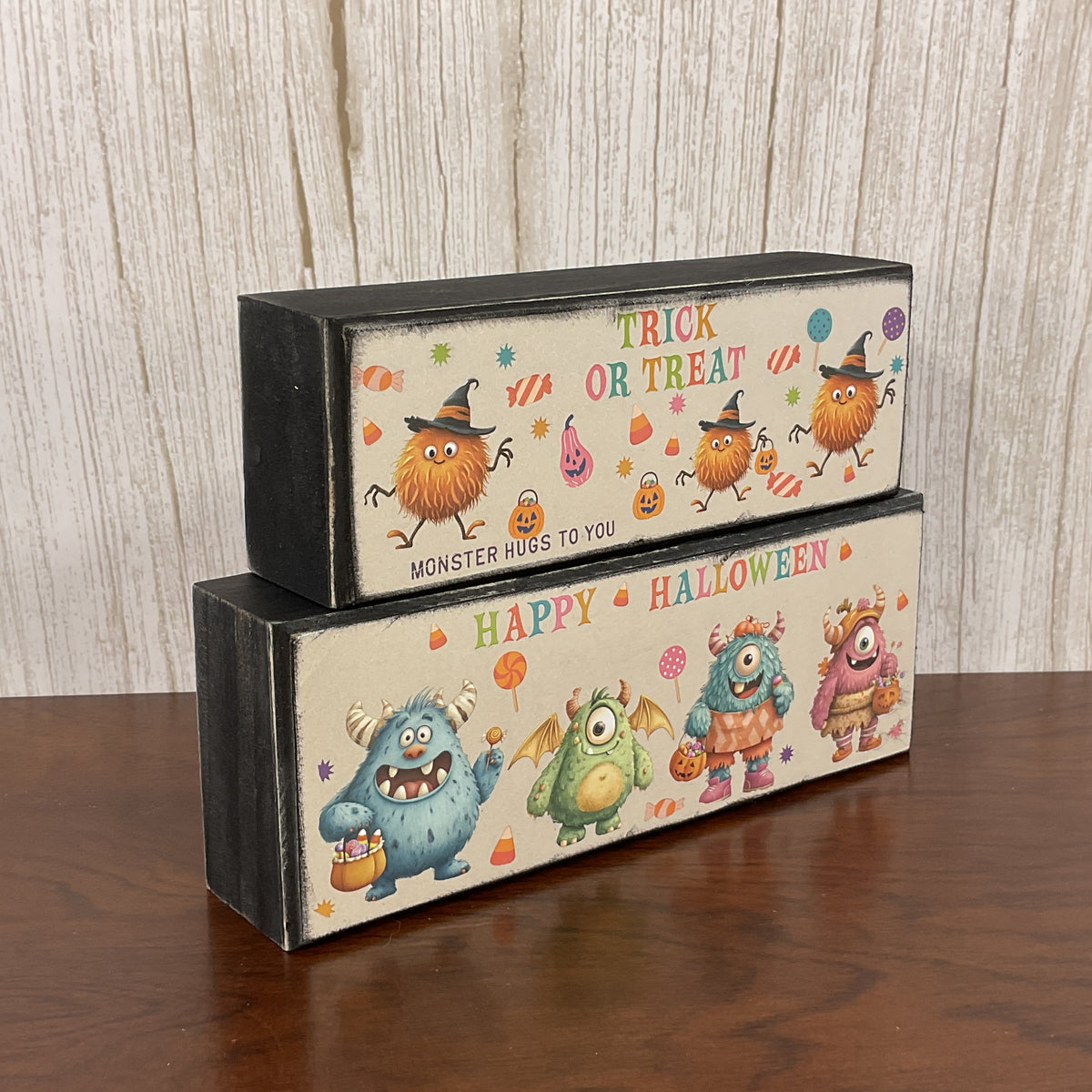 AGSD Halloween Decor - Bright Pastel Cute Monster Box Stacking Signs 2pc Set