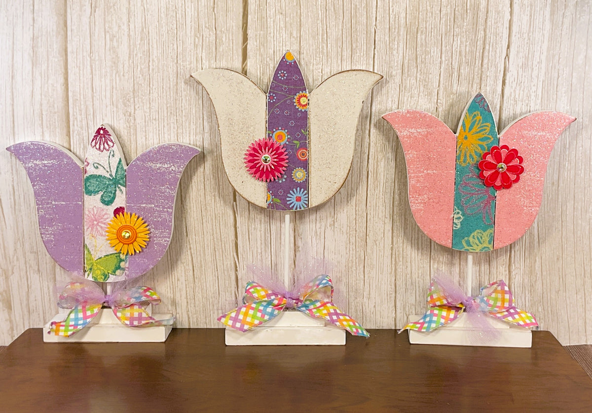 AGSD Easter Spring Decor - Large Chunky Wood Spring Tulips 3pc Set