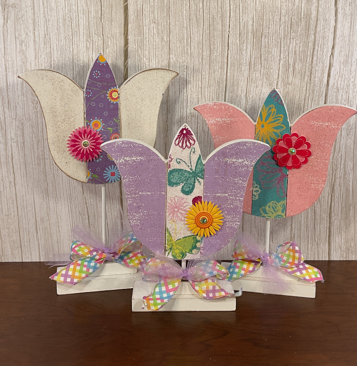 AGSD Easter Spring Decor - Large Chunky Wood Spring Tulips 3pc Set