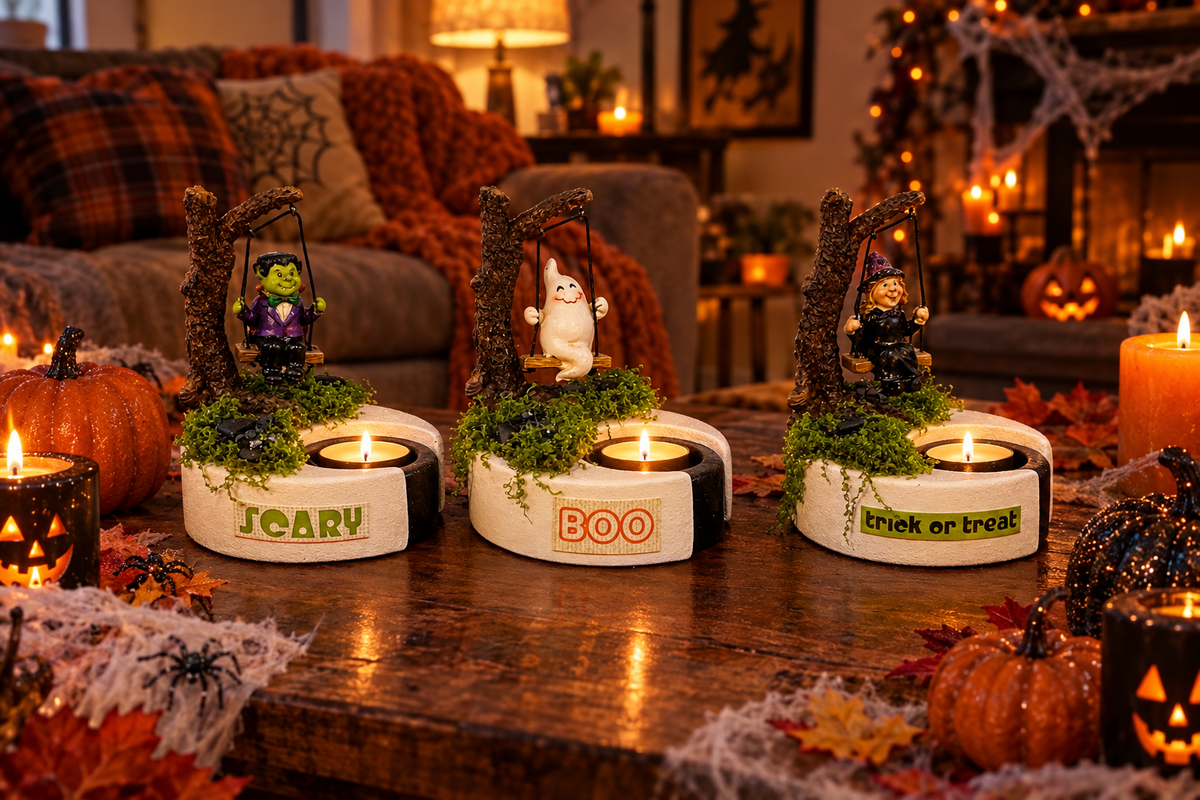 AGSD Halloween Decor - Resin Witch Ghost Monster LED Tealights Set