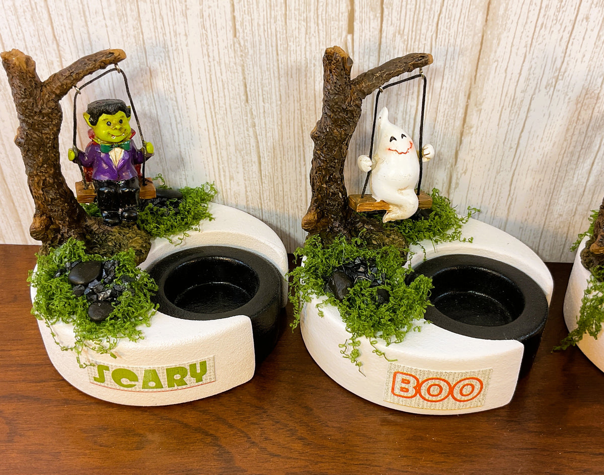 AGSD Halloween Decor - Resin Witch Ghost Monster LED Tealights Set