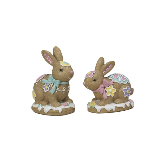 Gerson Easter Decor - Gingerbread Theme Bunny Rabbits Figurines 2pc Set