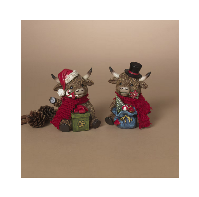 Gerson Christmas Decor - Resin Gifts Box Highland Cow Figurines 2pc Set