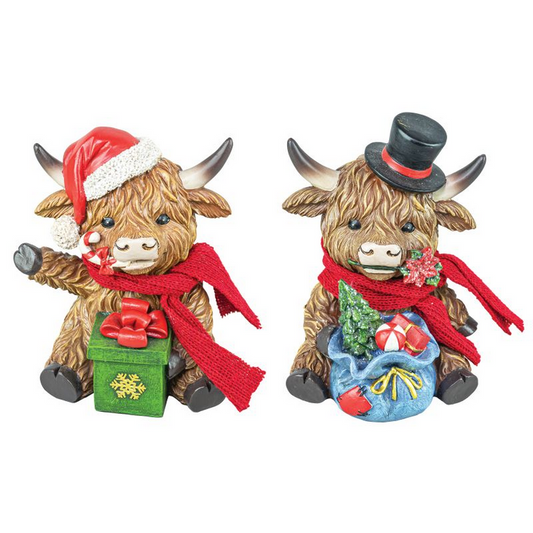 Gerson Christmas Decor - Resin Gifts Box Highland Cow Figurines 2pc Set