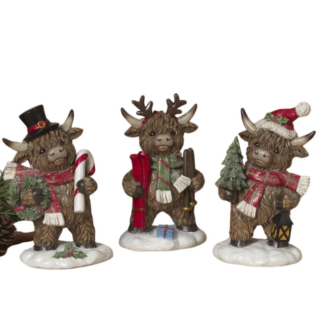 Gerson Christmas Decor - Resin Winter Highland Cow Figurines 3pc Set