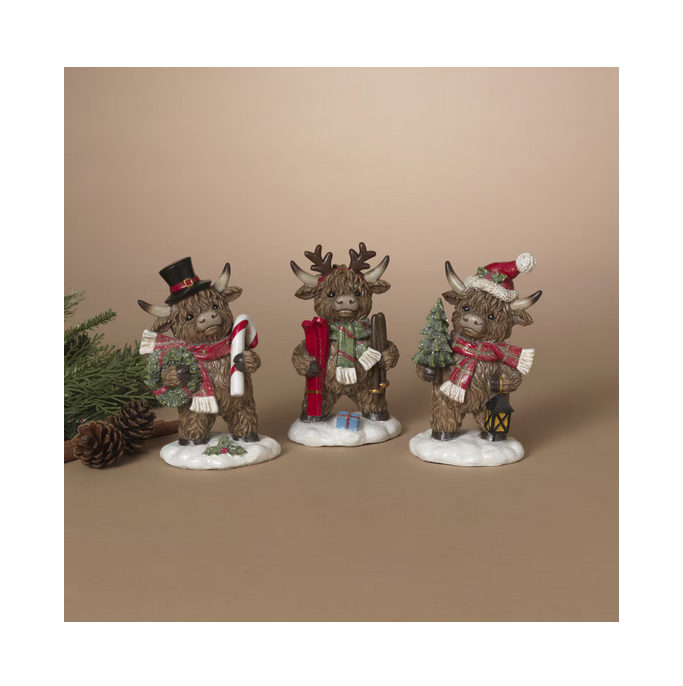 Gerson Christmas Decor - Resin Winter Highland Cow Figurines 3pc Set
