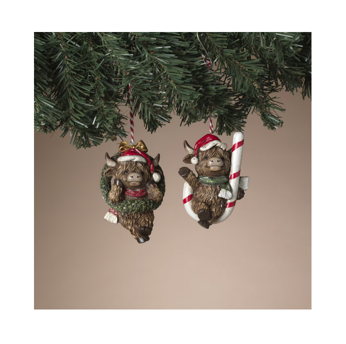 Gerson Christmas Decor - Resin Cane Wreath Highland Cow Ornaments 2pc Set