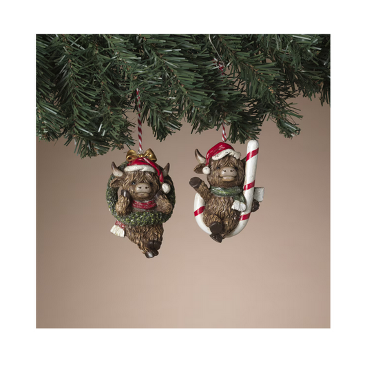 Gerson Christmas Decor - Resin Cane Wreath Highland Cow Ornaments 2pc Set