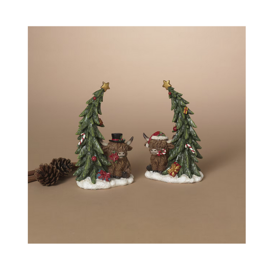Gerson Christmas Decor - Resin Cane Wreath Highland Cow Ornaments 2pc Set