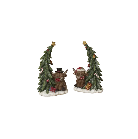 Gerson Christmas Decor - Resin Highland Cow Tree Figurines 2pc Set