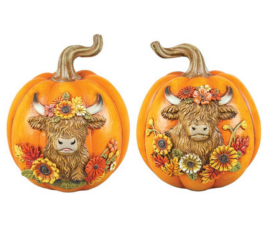 Gerson Fall Decor - Highland Cow Resin Sunflower Pumpkins 2pc