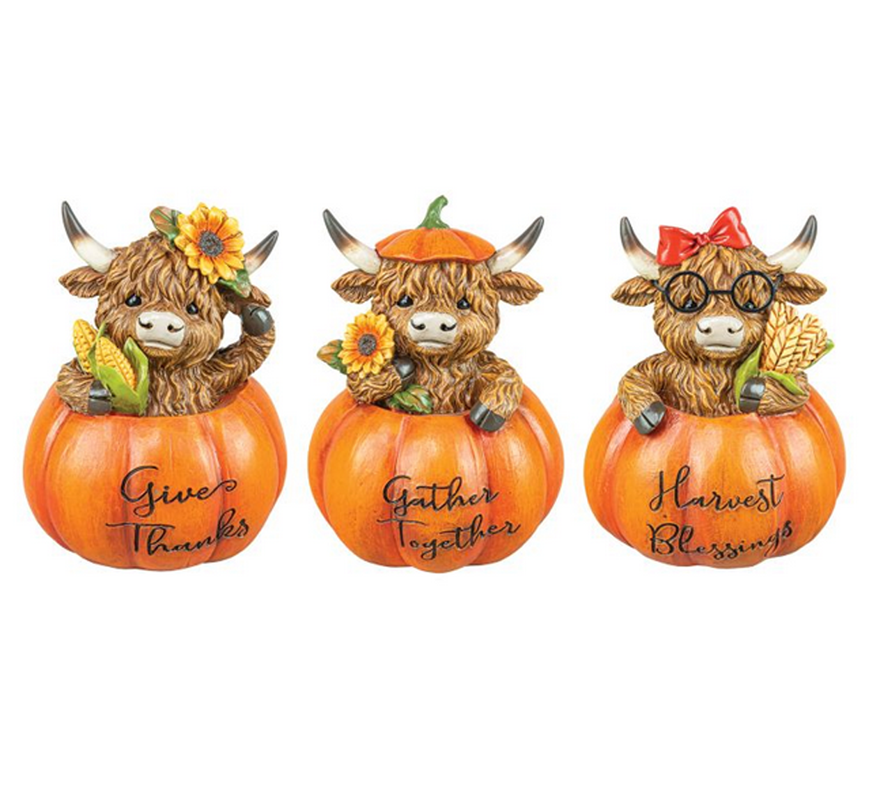 Gerson Fall Decor - Highland Cow in Pumpkins Figurines 3pc