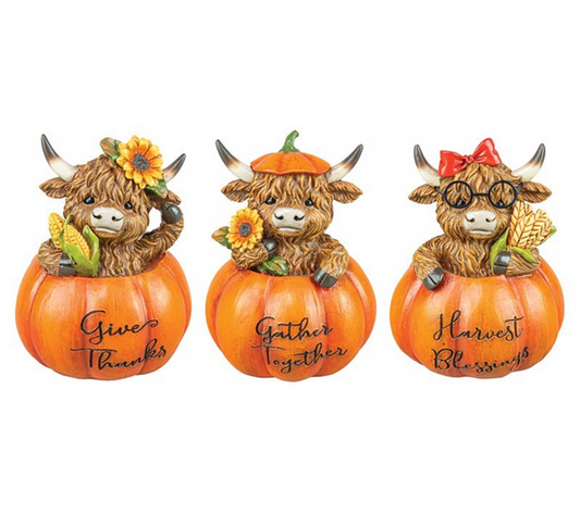 Gerson Fall Decor - Highland Cow in Pumpkins Figurines 3pc
