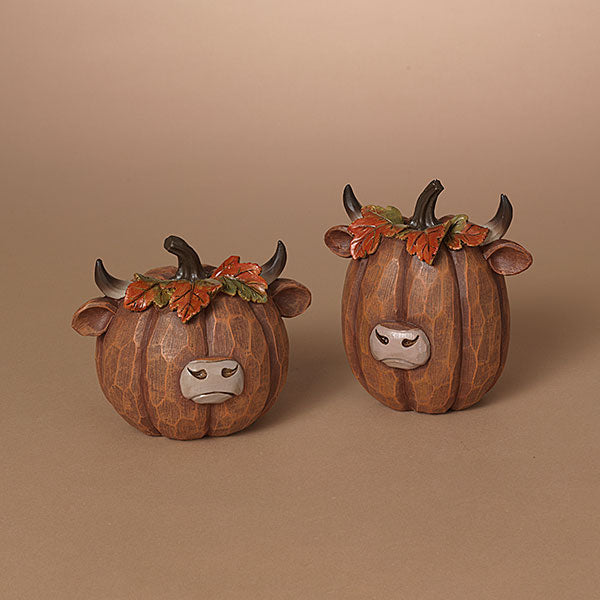Gerson Fall Decor - Resin Pumpkin Highland Cow Figurines 2pc