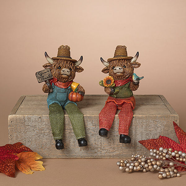 Gerson Fall Decor - Resin Scarecrow Highland Cow Figurines 2pc