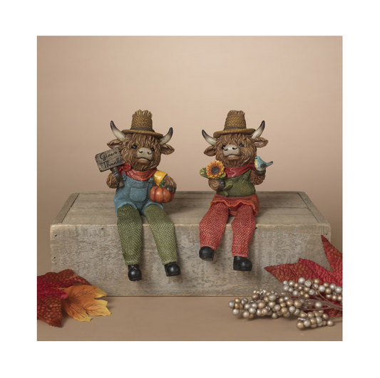 Gerson Fall Decor - Resin Scarecrow Highland Cow Figurines 2pc