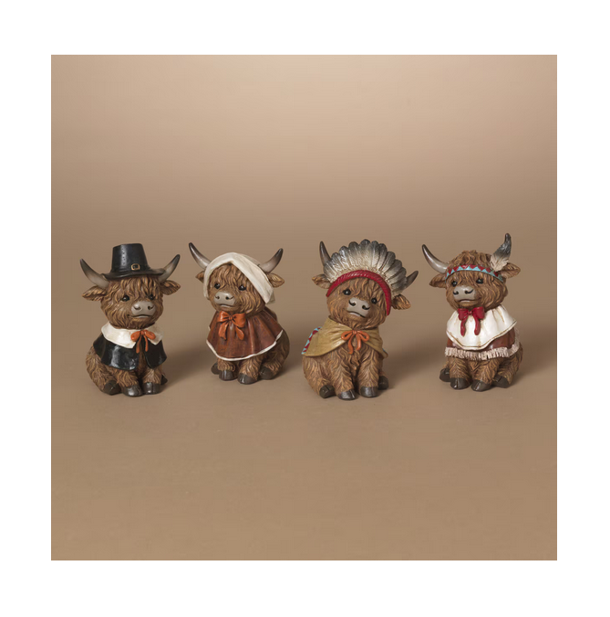 Gerson Fall Decor - Pilgrim Theme Highland Cow Figurines 4pc Set