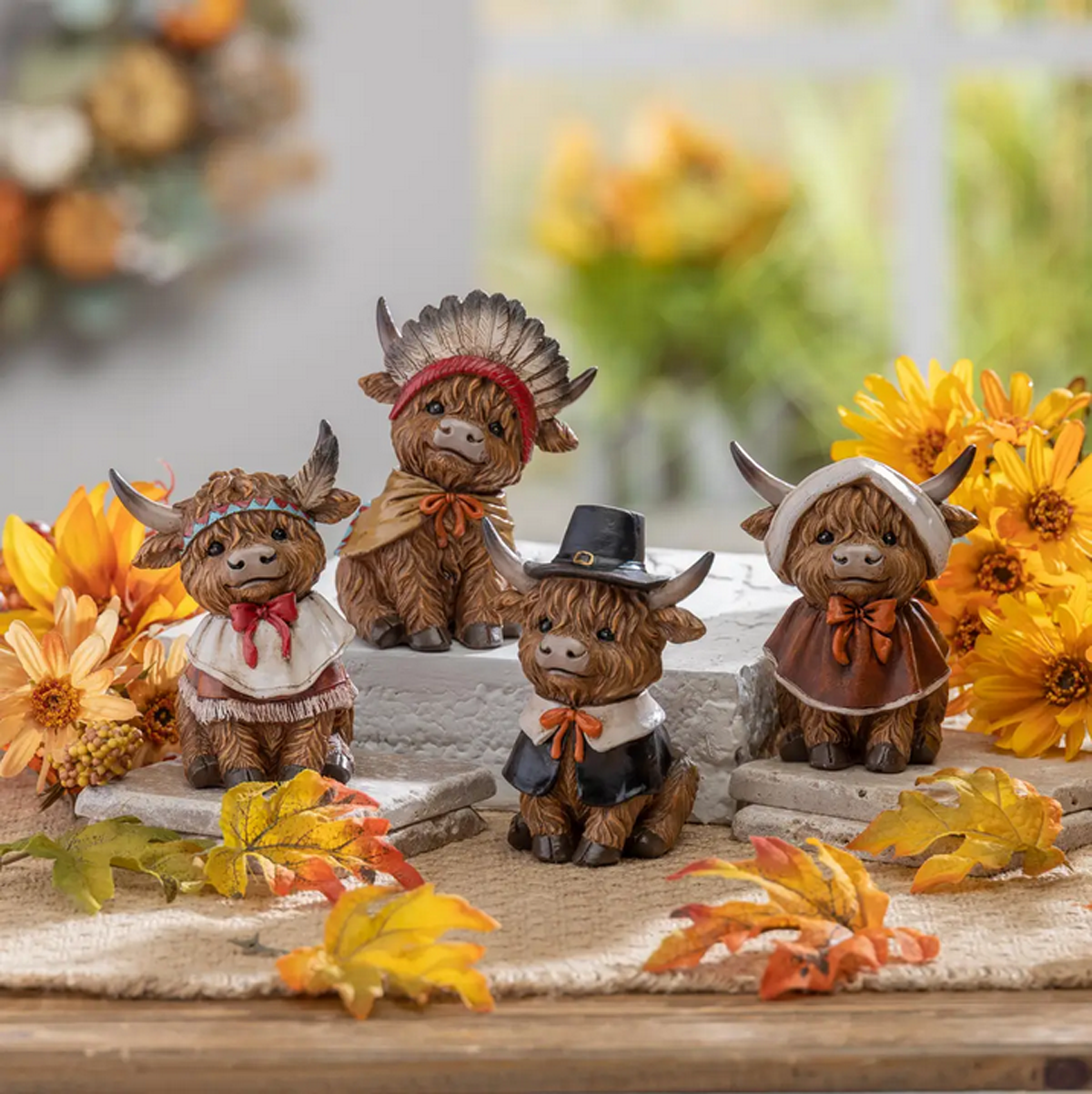 Gerson Fall Decor - Pilgrim Theme Highland Cow Figurines 4pc Set