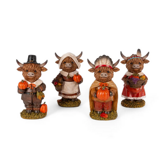 Gerson Fall Decor - Thanksgiving Pilgrim Highland Cow Figurines 4pc