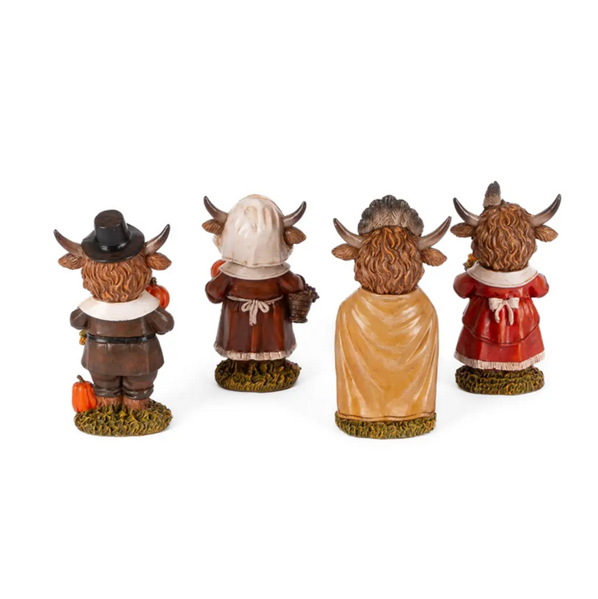 Gerson Fall Decor - Thanksgiving Pilgrim Highland Cow Figurines 4pc