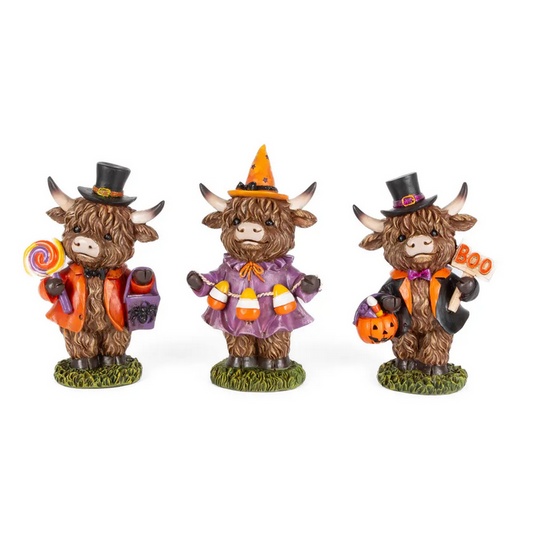 Gerson Halloween Decor - Candy Corn Boo Highland Cow Figurines 3pc