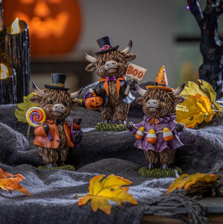 Gerson Halloween Decor - Candy Corn Boo Highland Cow Figurines 3pc