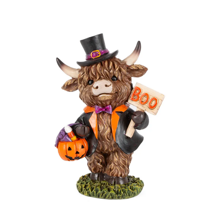 Gerson Halloween Decor - Candy Corn Boo Highland Cow Figurines 3pc