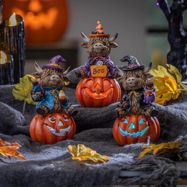 Gerson Halloween Decor - LED Lighted Resin Pumpkin Highland Cow 3pc