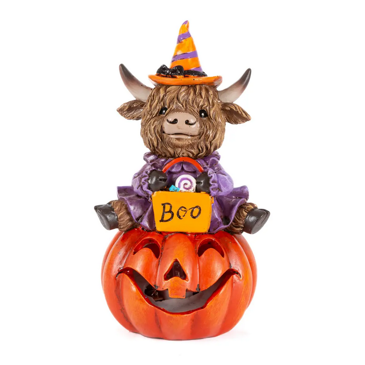 Gerson Halloween Decor - LED Lighted Resin Pumpkin Highland Cow 3pc