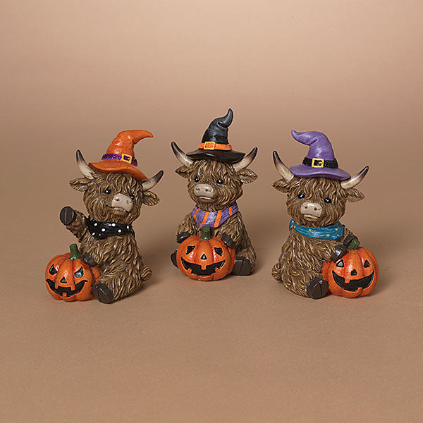 Gerson Halloween Decor - Witch Hats Highland Cow Figurines 3pc Set