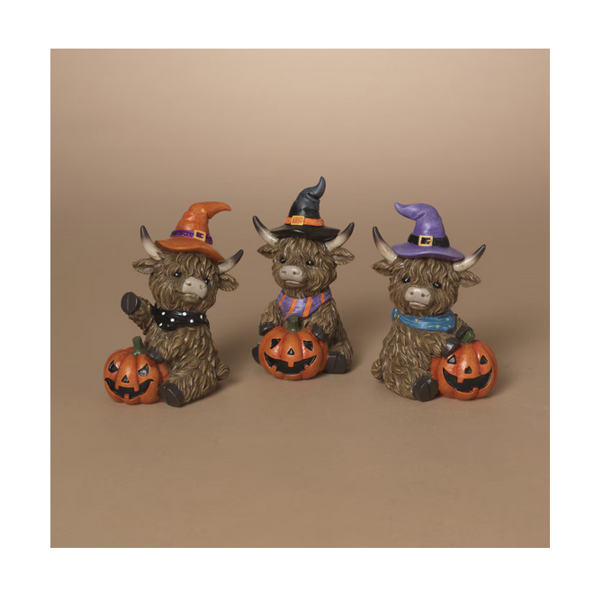 Gerson Halloween Decor - Witch Hats Highland Cow Figurines 3pc Set