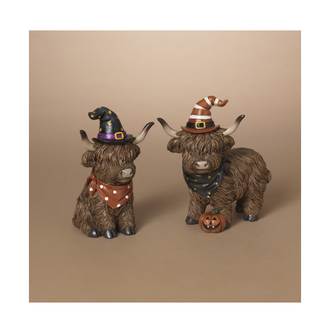 Gerson Halloween Decor - Witch Hat Highland Cow Figurines 2pc Set