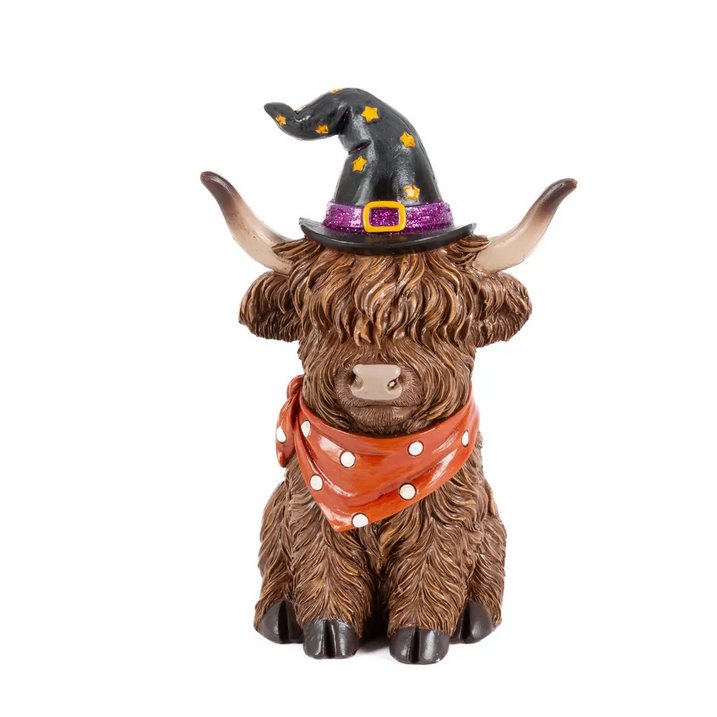Gerson Halloween Decor - Witch Hat Highland Cow Figurines 2pc Set