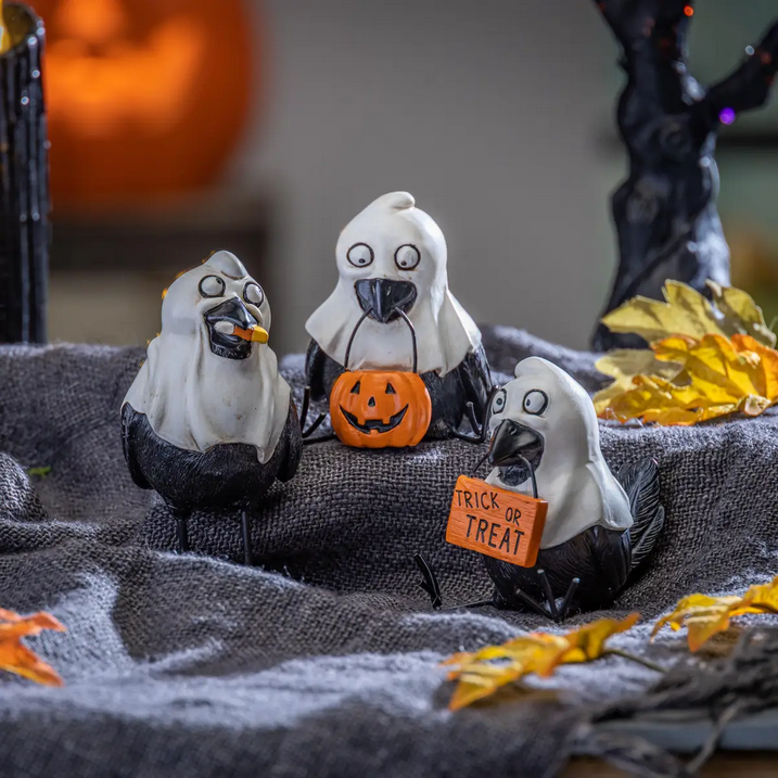 Gerson Halloween Decor - Resin Ghost Judging Black Crow 3pc Set